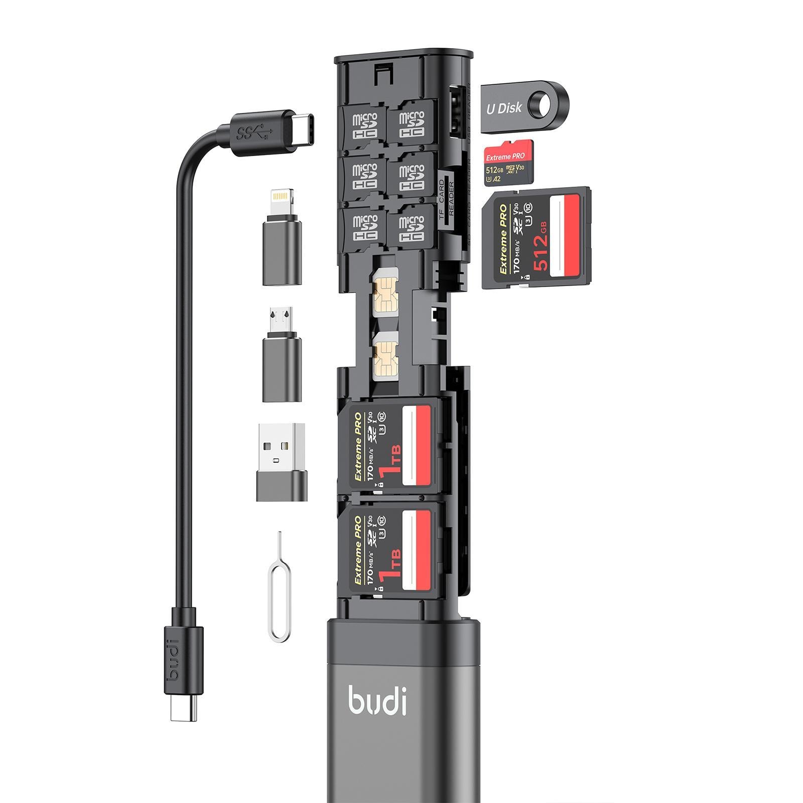 BUDI USB 3.0 데이터 전송 다기능 SD TF 카드 보관함, 아이폰 삼성용, 9 인 1 박스, 65W 고속 충전 케이블